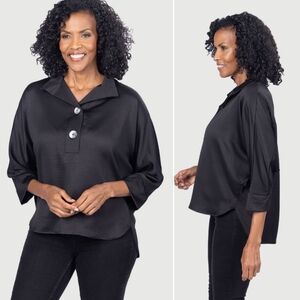 Last Tango Silky Satin Half Placket Dolman Top Blouse Black O/S Lagenlook Boxy